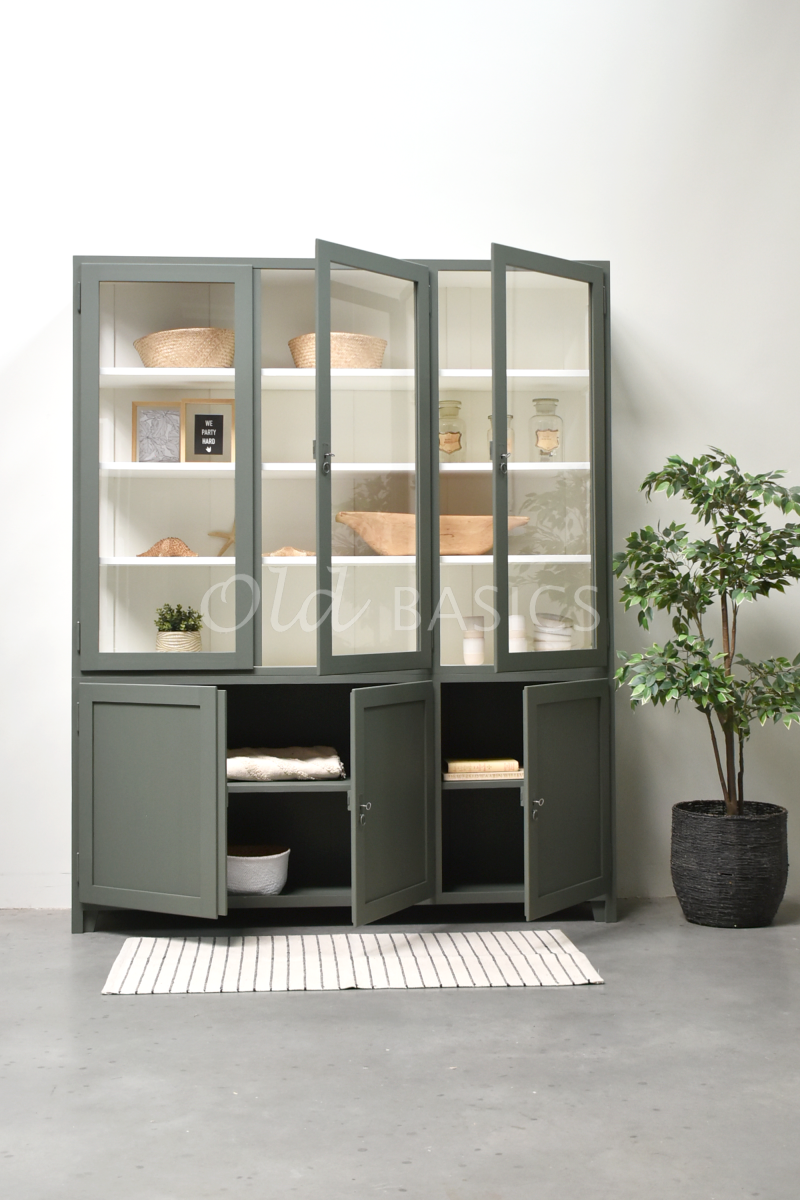 Detail van Vitrinekast Jeanette, 3 deuren, RAL7009, groen, grijs, materiaal hout